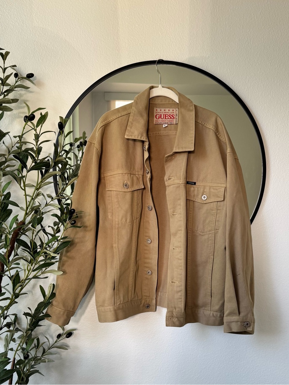 Vintage GUESS Men's Tan Sand Denim Jacket, XL